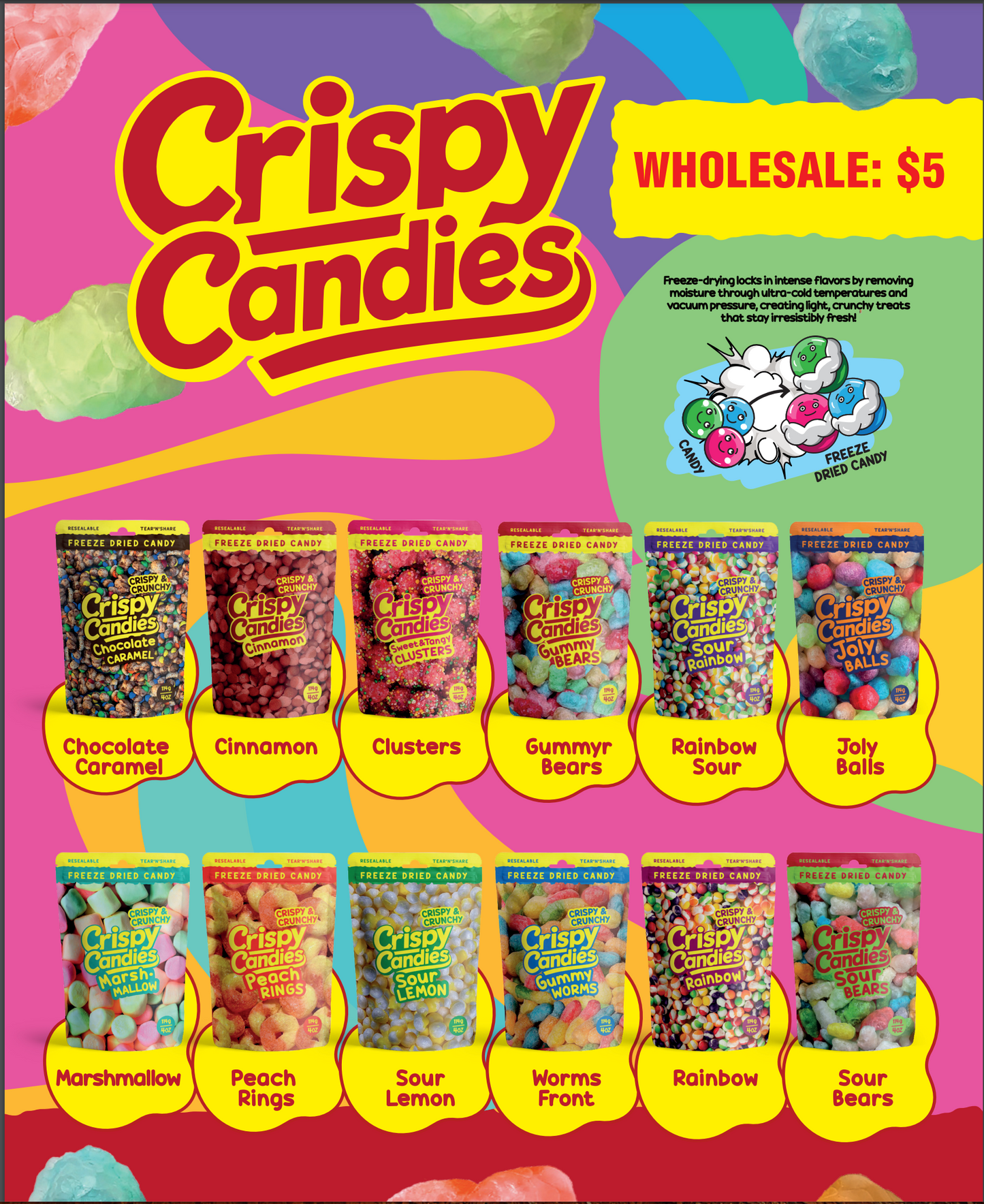 Crispy Candies Freeze Dried Candy( 5-Pack) - Wholesale Non-Infused Snacks
