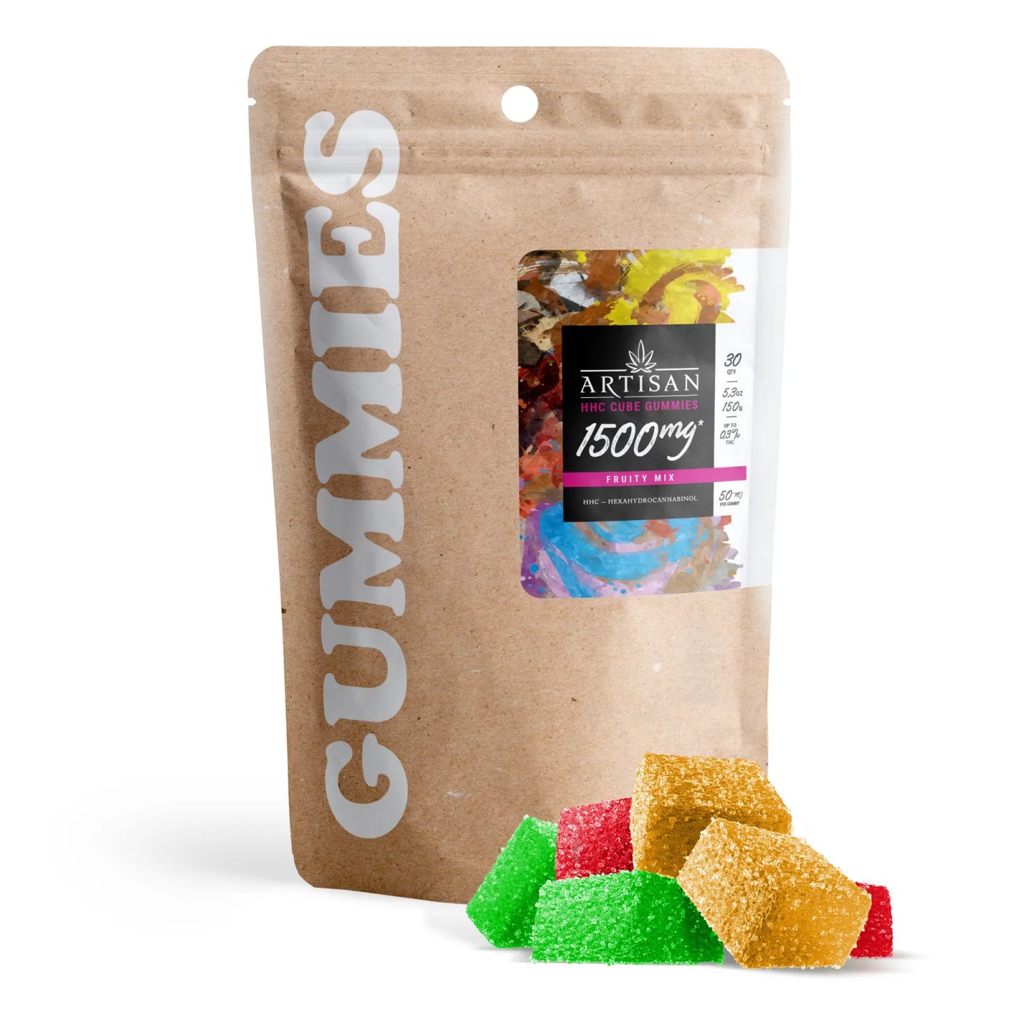 Artisan 1500mg HHC Cube Gummies - Fruity Mix | 30 Count Hand-Crafted Edibles
