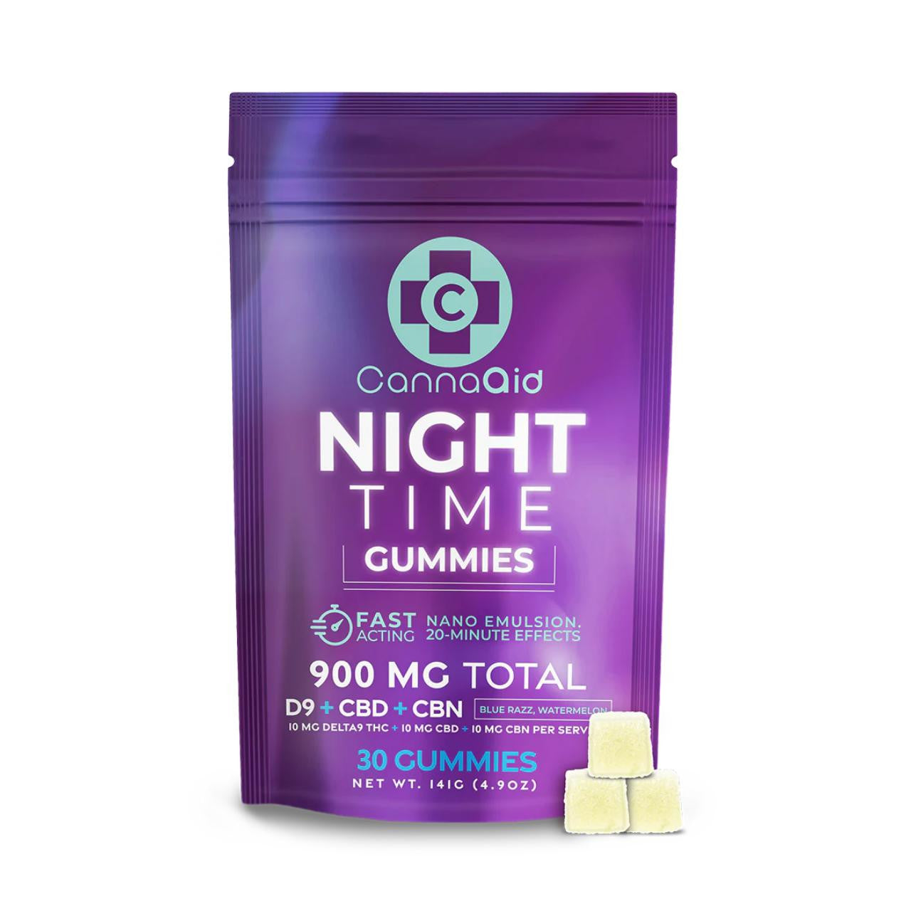 CannaAid D9 CBD CBN Night Time Gummies 900MG | 30CT Blue Razz Watermelon